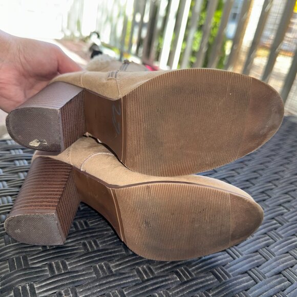 Tan High Heel Ankle Boots Booties Suede Fur Trim Women Size 7 - Picture 7 of 11